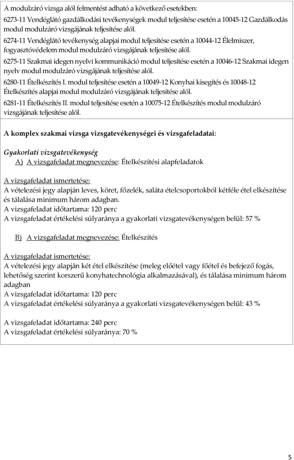 6275-11 Szakmai idegen nyelvi kommunikáció modul teljesítése esetén a 10046-12 Szakmai idegen nyelv modul modulzáró vizsgájának teljesítése alól. 6280-11 Ételkészítés I.