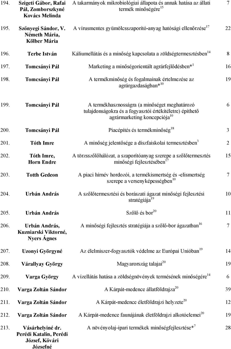 Terbe István Káliumellátás és a minőség kapcsolata a zöldségtermesztésben 14 8 197. Tomcsányi Pál Marketing a minőségorientált agrárfejlődésben* 1 16 198.