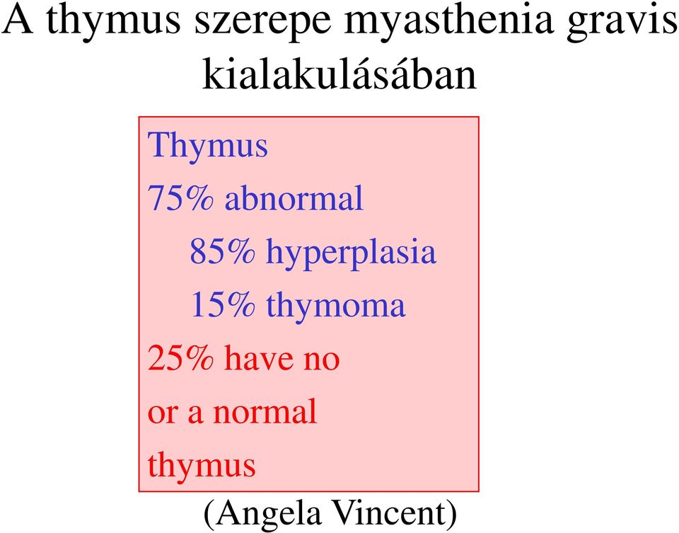 85% hyperplasia 15% thymoma 25% have