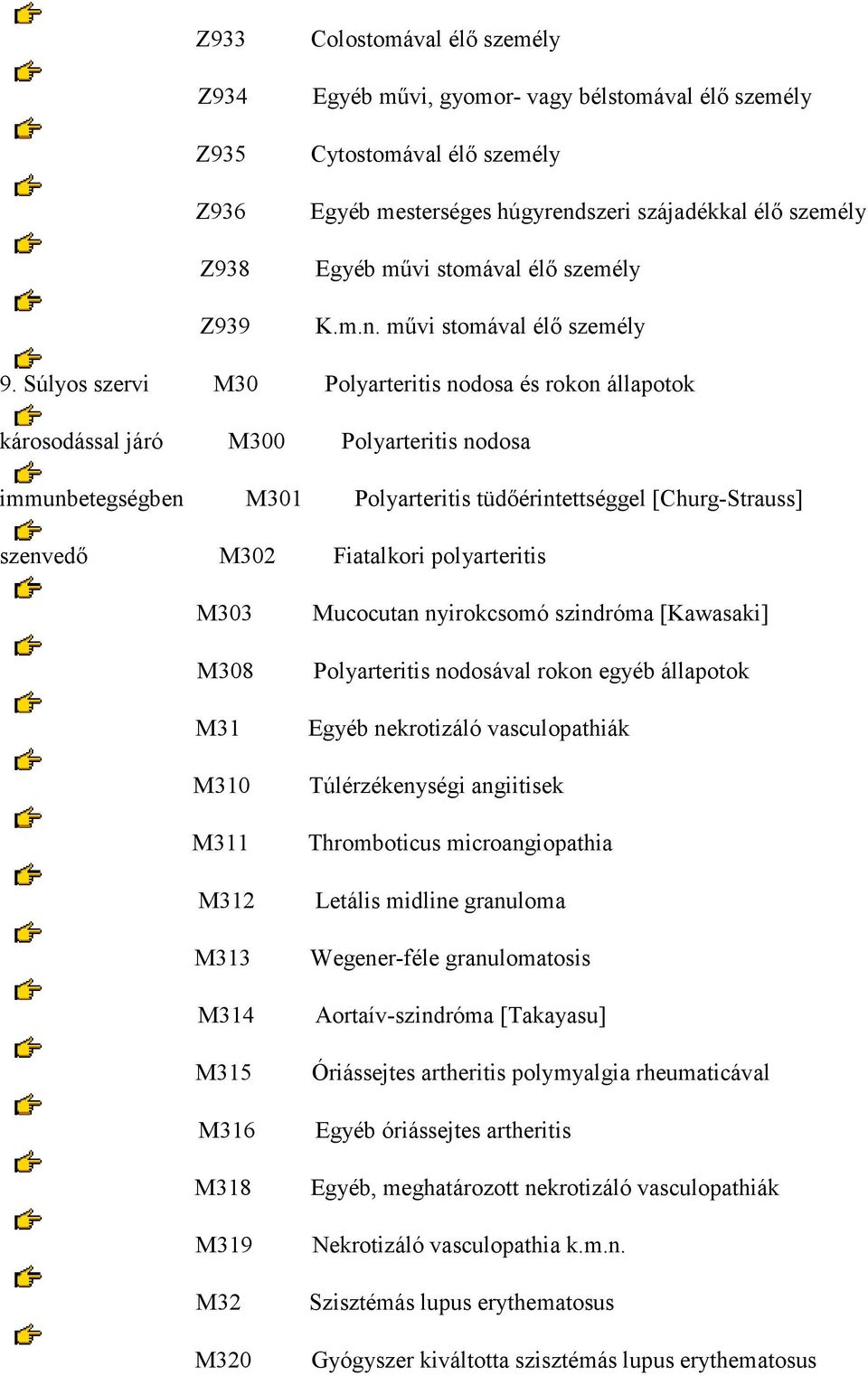 Súlyos szervi M30 Polyarteritis nodosa és rokon állapotok károsodással járó M300 Polyarteritis nodosa immunbetegségben M301 Polyarteritis tüdőérintettséggel [Churg-Strauss] szenvedő M302 Fiatalkori