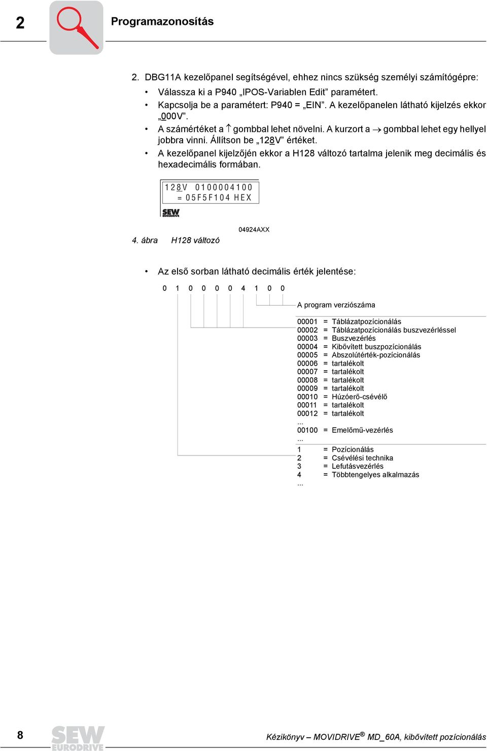 A kezelőpanel kijelzőjén ekkor a H128 változó tartalma jelenik meg decimális és hexadecimális formában. 128 V 0100004100 = 0FF104 HEX 4.