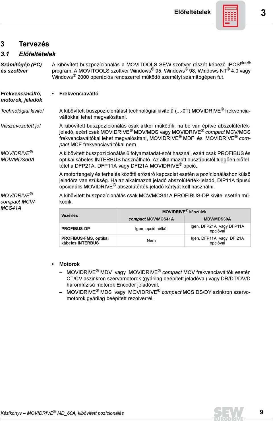 Frekvenciaváltó, motorok, jeladók Technológiai kivitel Visszavezetett jel MOVIDRIVE MDV/MDS60A MOVIDRIVE compact MCV/ MCS41A Frekvenciaváltó A kibővített buszpozícionálást technológiai kivitelű (.