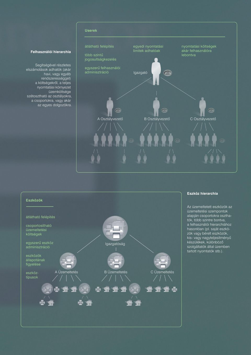 átlátható felépítés több szintû jogosultságkezelés egyszerû felhasználói adminisztráció egyedi nyomtatási limitek adhatóak Igazgató nyomtatási költségek akár felhasználóra lebontva A Osztályvezetô B
