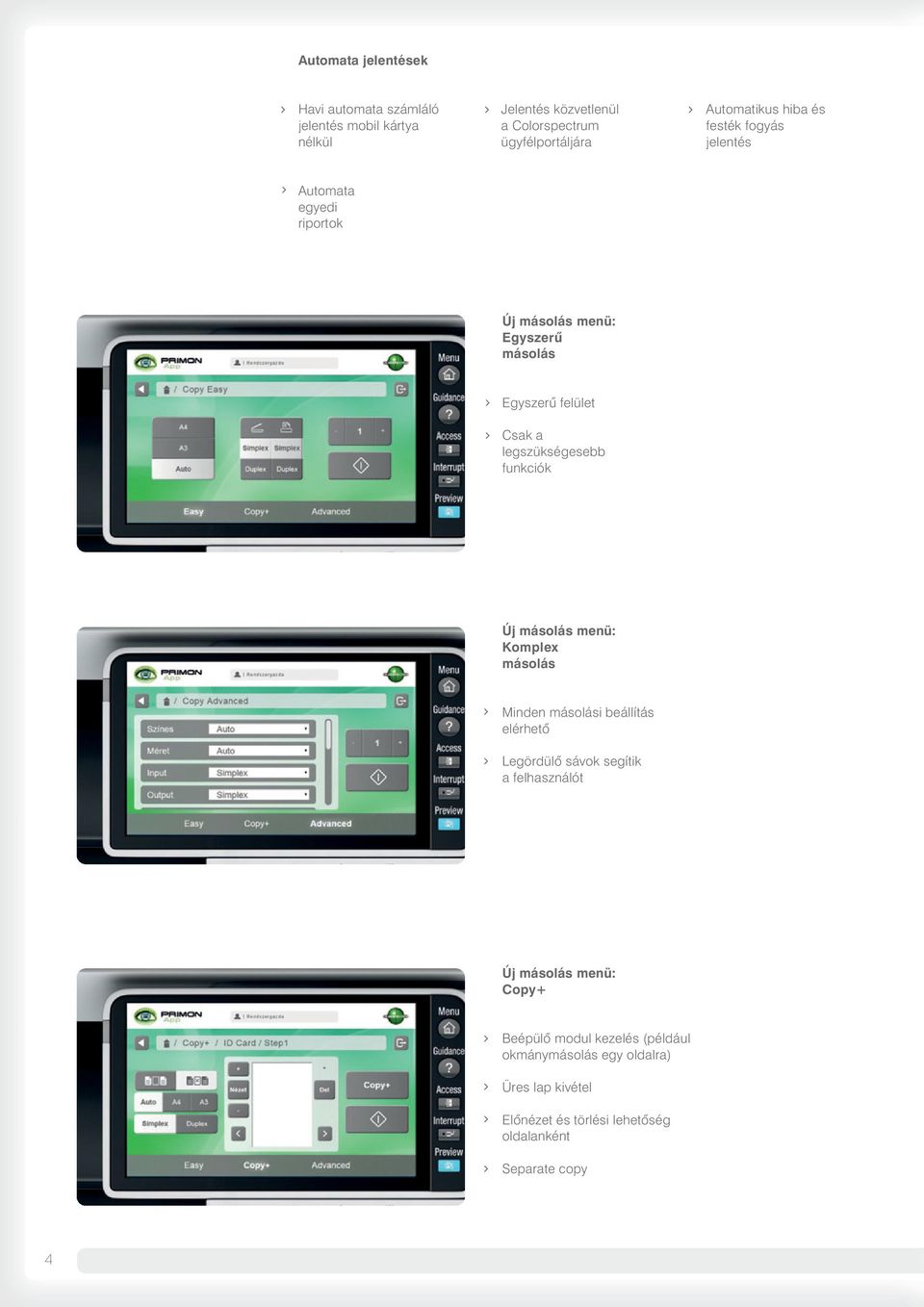 legszükségesebb funkciók Új másolás menü: Komplex másolás Minden másolási beállítás elérhetô Legördülô sávok segítik a felhasználót Új