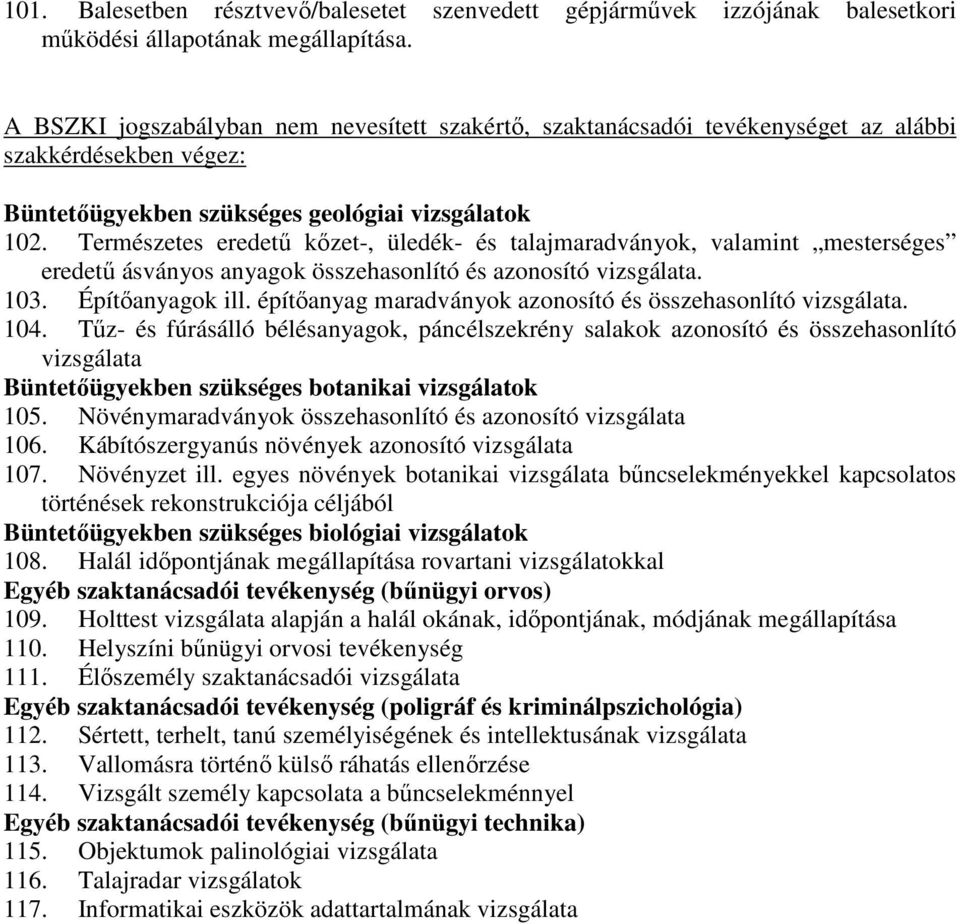 Természetes eredetű kőzet-, üledék- és talajmaradványok, valamint mesterséges eredetű ásványos anyagok összehasonlító és azonosító 103. Építőanyagok ill.