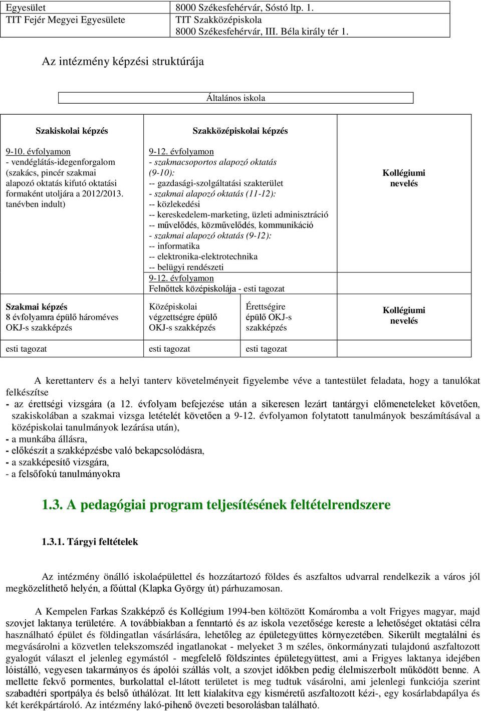 évfolyamon - vendéglátás-idegenforgalom (szakács, pincér szakmai alapozó oktatás kifutó oktatási formaként utoljára a 2012/2013. tanévben indult) Szakközépiskolai képzés 9-12.