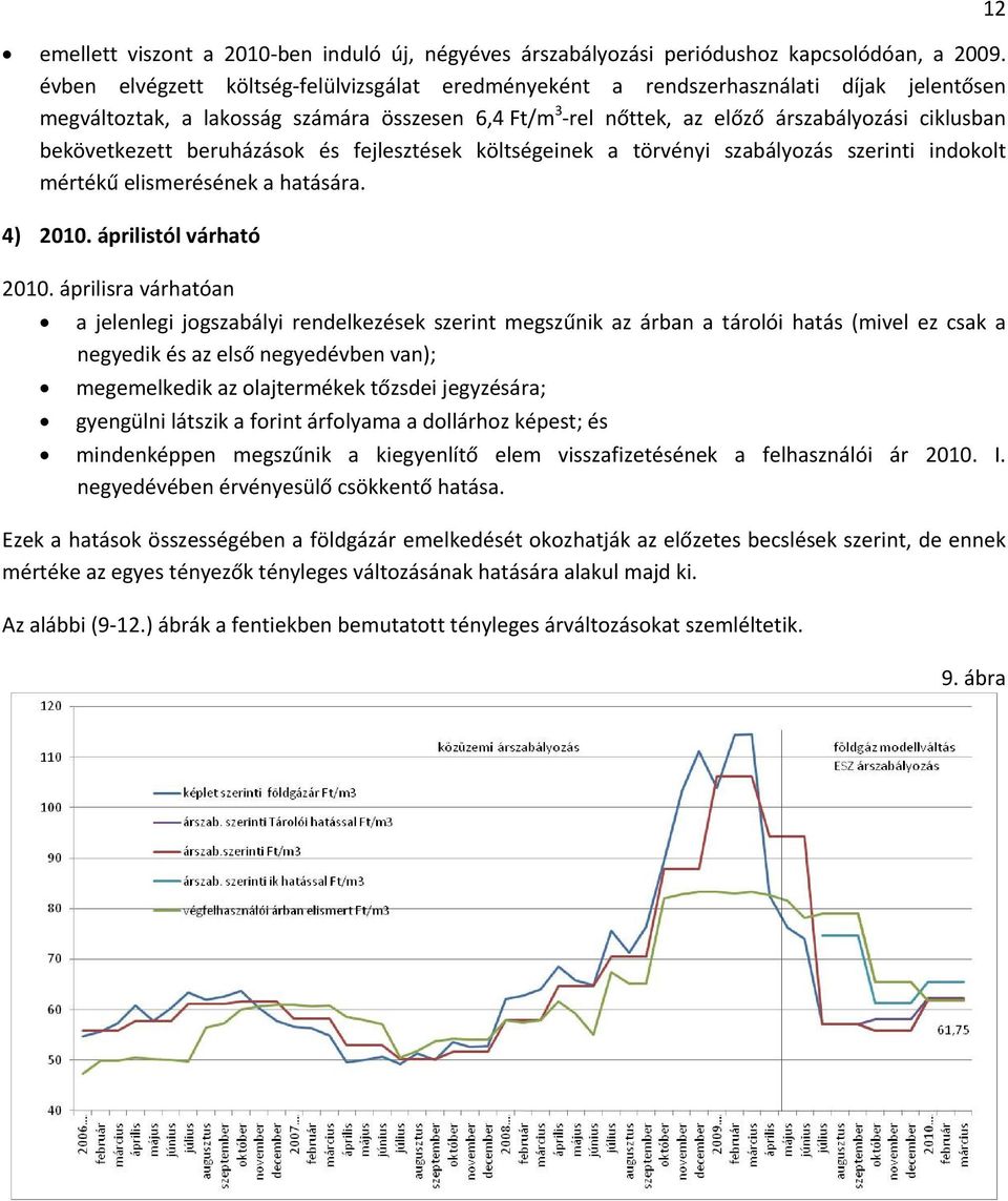 bekövetkezett beruházások és fejlesztések költségeinek a törvényi szabályozás szerinti indokolt mértékű elismerésének a hatására. 4) 2010. áprilistól várható 2010.