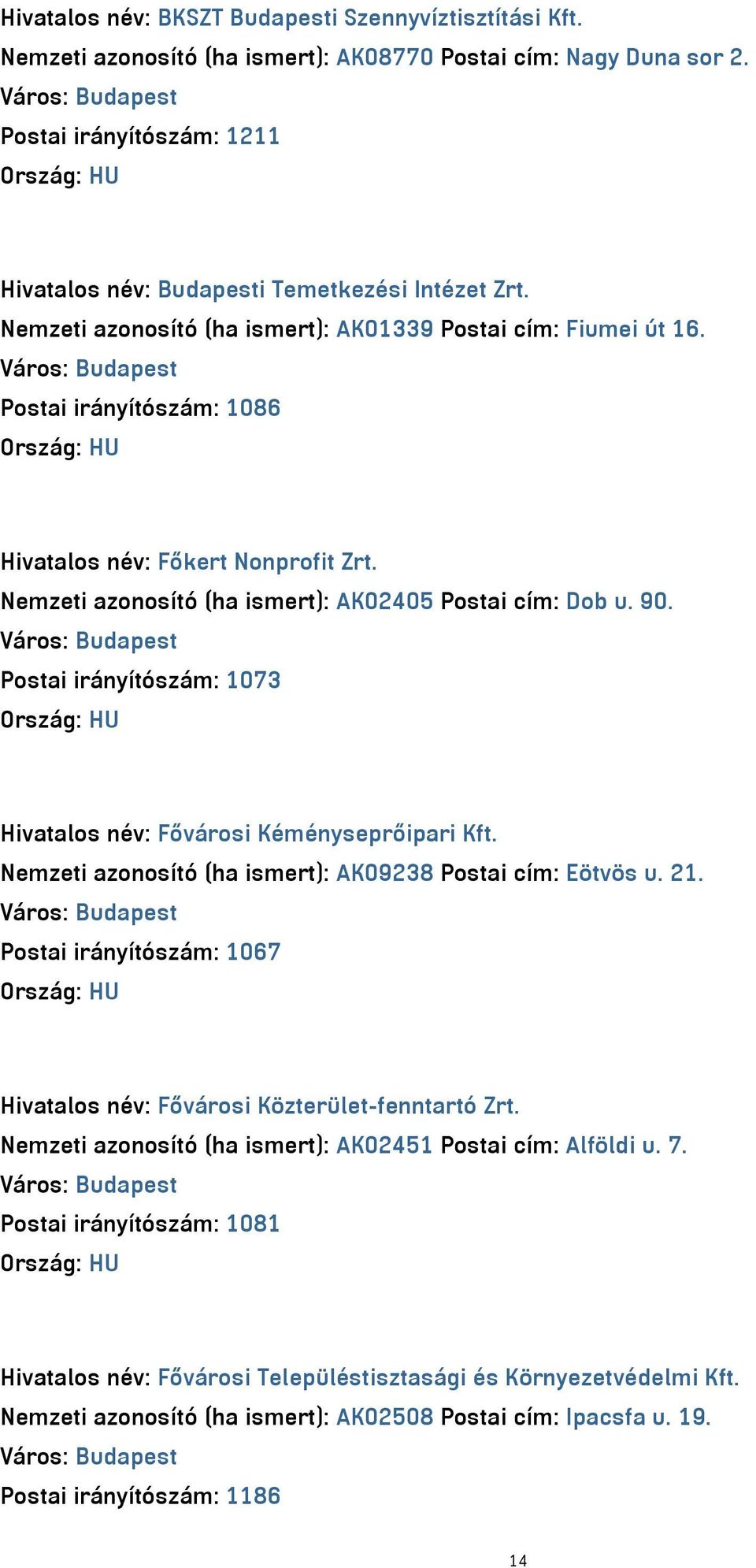 Postai irányítószám: 1073 Hivatalos név: Fővárosi Kéményseprőipari Kft. Nemzeti azonosító (ha ismert): AK09238 Postai cím: Eötvös u. 21.