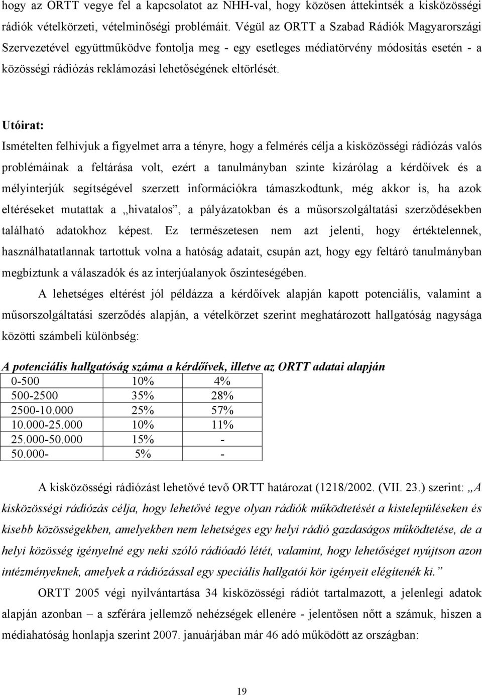 Utóirat: Ismételten felhívjuk a figyelmet arra a tényre, hogy a felmérés célja a kisközösségi rádiózás valós problémáinak a feltárása volt, ezért a tanulmányban szinte kizárólag a kérdőívek és a