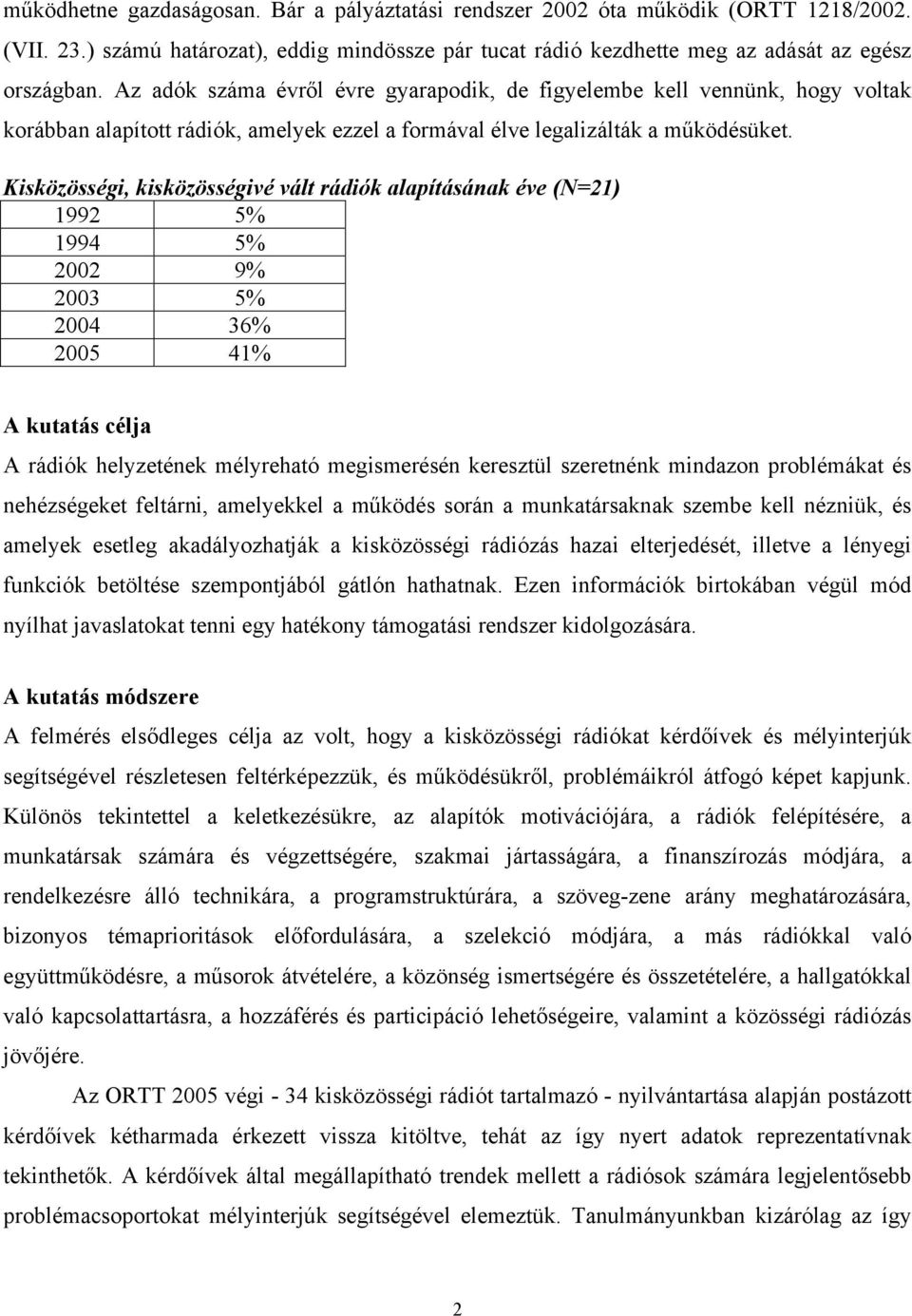 Kisközösségi, kisközösségivé vált rádiók alapításának éve (N=21) 1992 5% 1994 5% 2002 9% 2003 5% 2004 36% 2005 41% A kutatás célja A rádiók helyzetének mélyreható megismerésén keresztül szeretnénk