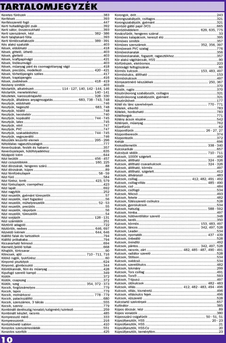 ..403 Kések, műanyag pánt és csomagoóanyag vágó...418 Kések, precíziós, modeező... 420-421 Kések, törhetőpengés szées...417 Kések, trapézpengés...416 Kések, zsebkések... 418-419 Keskeny simítók.