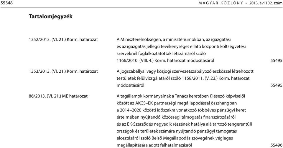 4.) Korm. határozat módosításáról 55495 1353/2013. (VI. 21.) Korm. határozat A jogszabállyal vagy közjogi szervezetszabályozó eszközzel létrehozott testületek felülvizsgálatáról szóló 1158/2011. (V. 23.