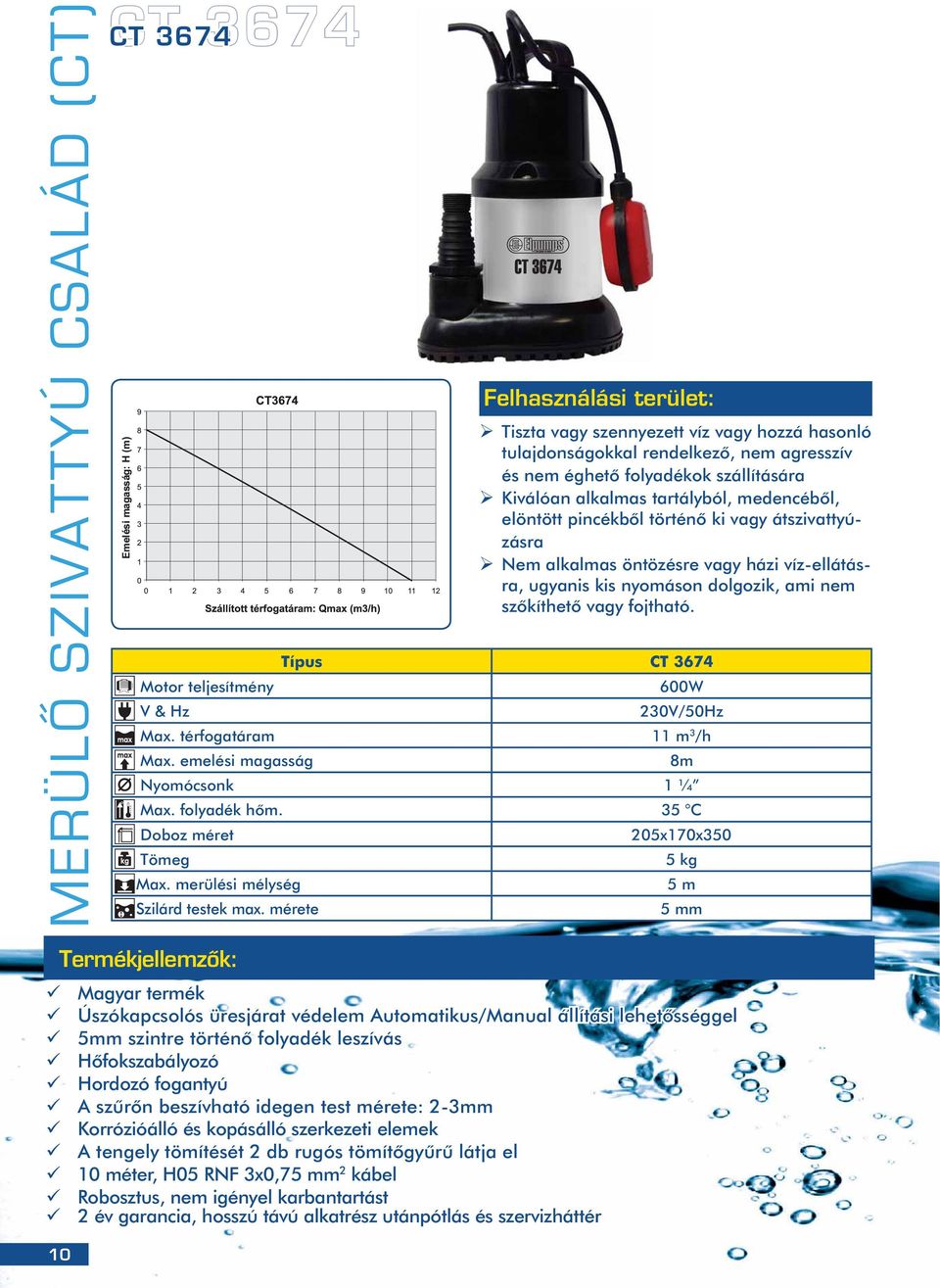 fojtható. Típus CT 3674 Motor teljesítmény 600W V & Hz 230V/50Hz Max. térfogatáram 11 m 3 /h Max. emelési magasság 8m Nyomócsonk 1 ¼ Max. folyadék hõm. 35 C Doboz méret 205x170x350 Tömeg 5 kg Max.