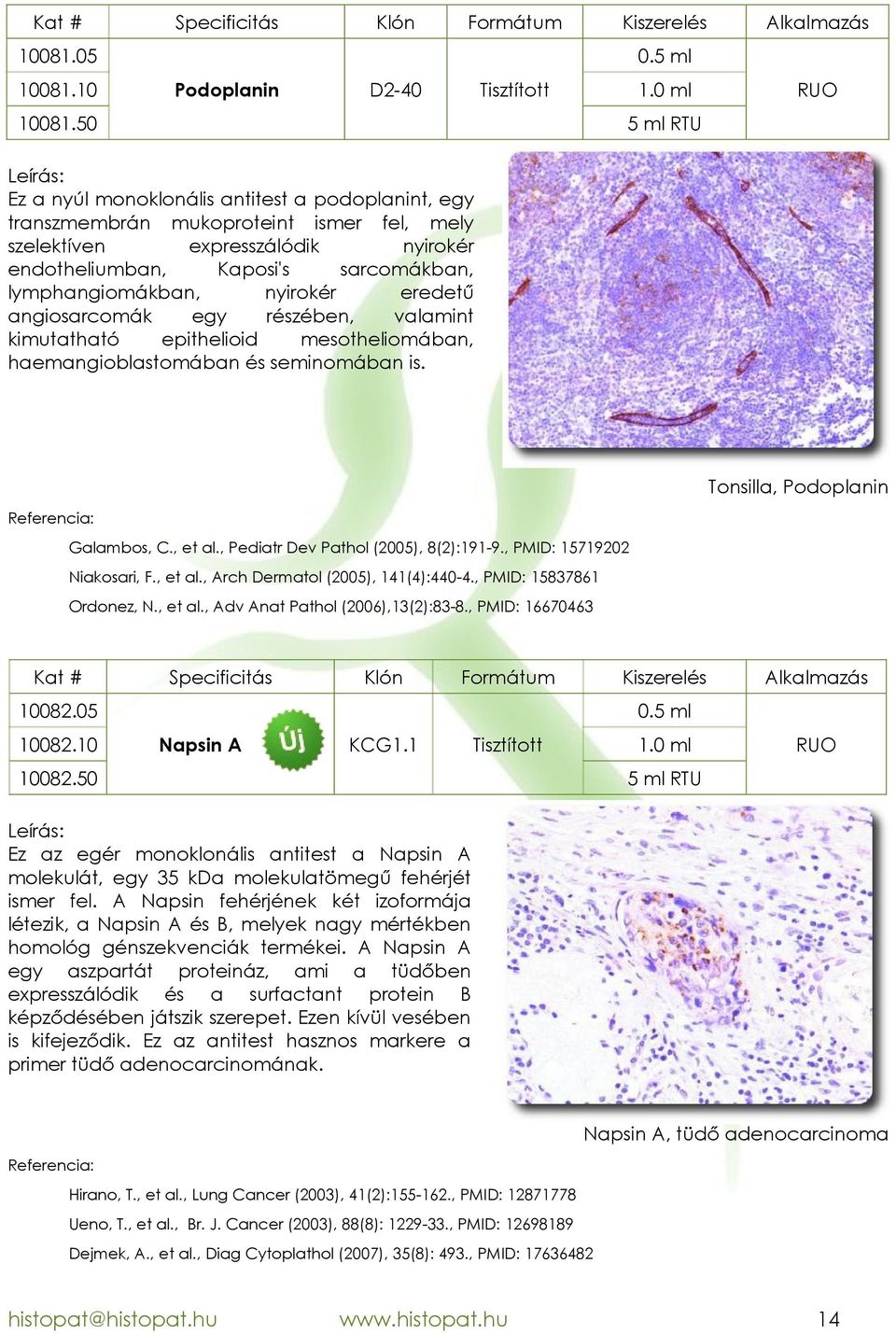 eredetű angiosarcomák egy részében, valamint kimutatható epithelioid mesotheliomában, haemangioblastomában és seminomában is. Tonsilla, Podoplanin Galambos, C., et al.