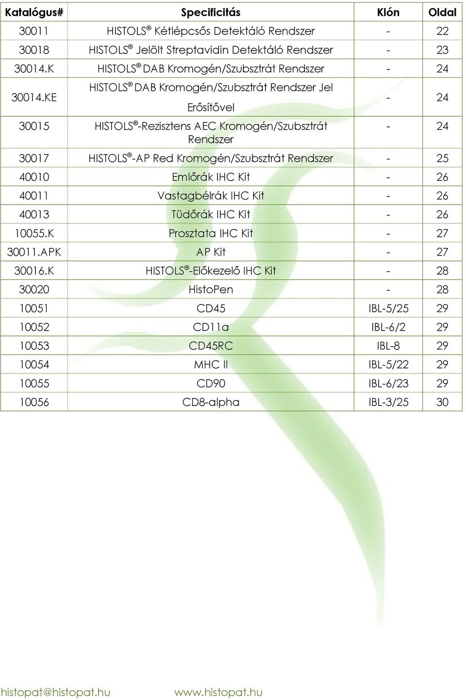KE HISTOLS DAB Kromogén/Szubsztrát Rendszer Jel Erősítővel 30015 HISTOLS Rezisztens AEC Kromogén/Szubsztrát Rendszer 24 30017 HISTOLS AP Red Kromogén/Szubsztrát