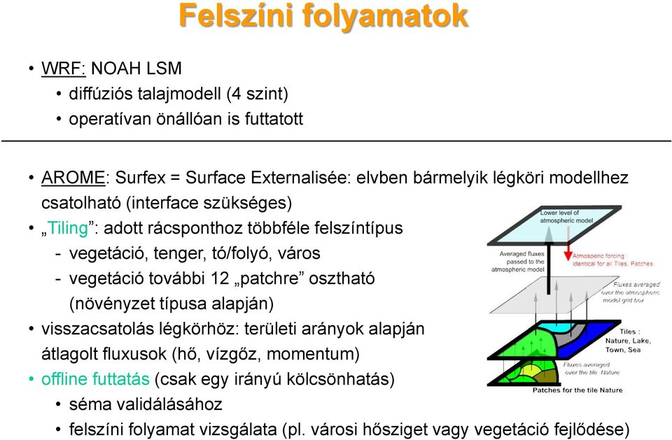 - vegetáció további 12 patchre osztható (növényzet típusa alapján) visszacsatolás légkörhöz: területi arányok alapján átlagolt fluxusok (hő,