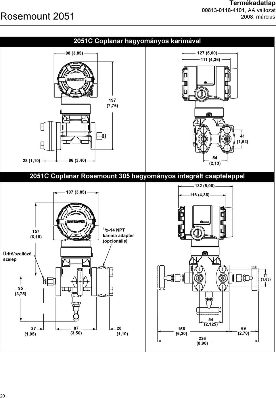 csapteleppel 107 (3,85) 132 (5,00) 116 (4,36) 157 (6,18) 1 /2 14 NPT karima adapter (opcionális)