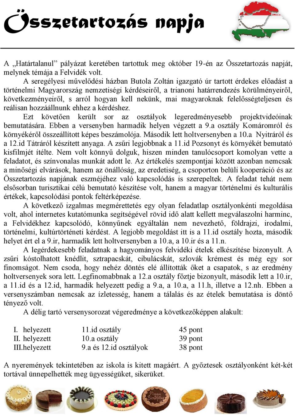 arról hogyan kell nekünk, mai magyaroknak felelősségteljesen és reálisan hozzáállnunk ehhez a kérdéshez. Ezt követően került sor az osztályok legeredményesebb projektvideóinak bemutatására.