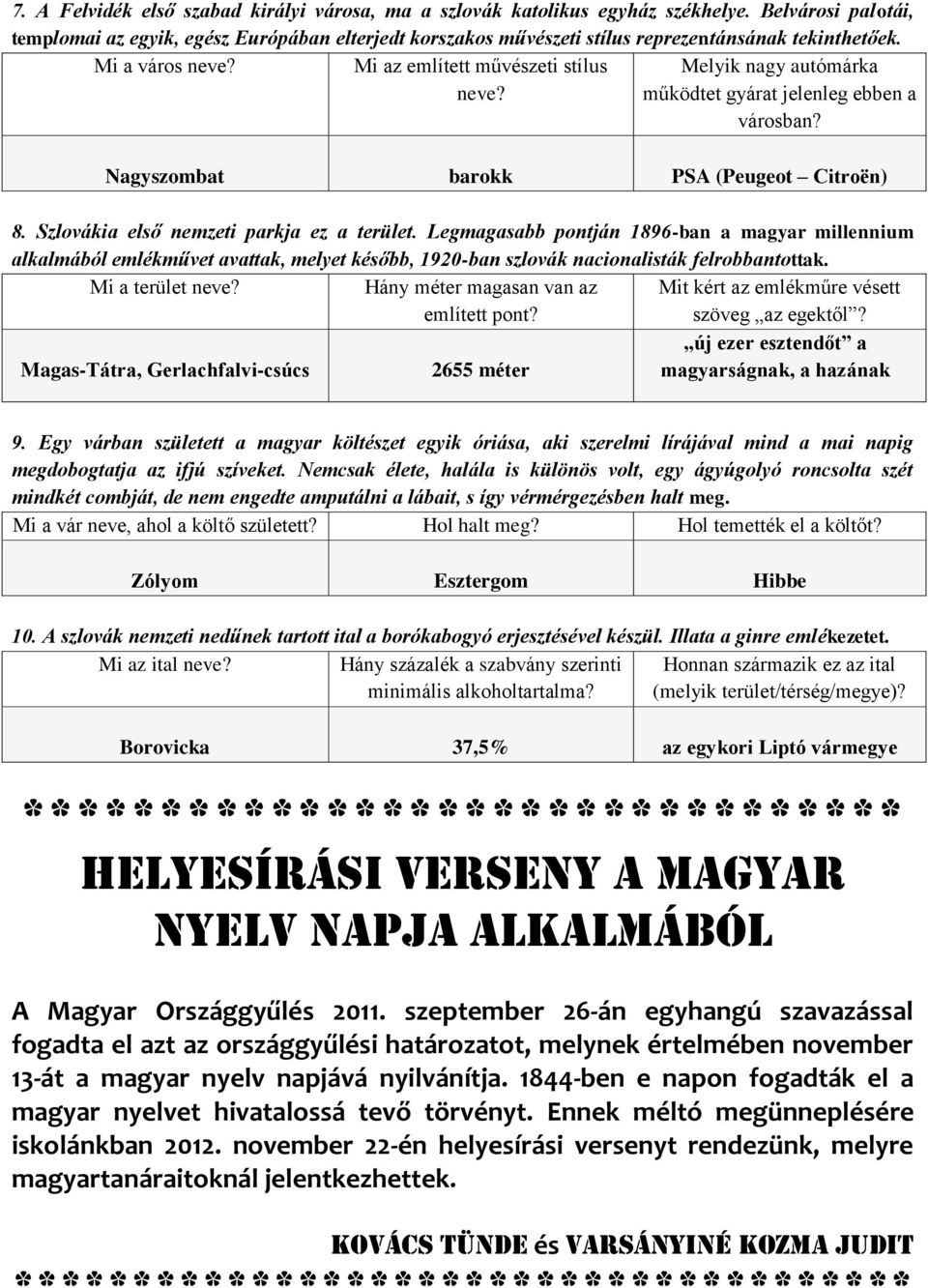 Melyik nagy autómárka működtet gyárat jelenleg ebben a városban? Nagyszombat barokk PSA (Peugeot Citroën) 8. Szlovákia első nemzeti parkja ez a terület.