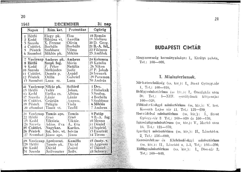 Péter Natália JO Szerda i1 [clkindes Judit 11 ("siitiirt. ij)a111<íz p. :\l'pád 12 Piintek 'Oiilia! c:abricl!} S1.01nhat ;Luca sz. Luca ----- - 41 Vas;Írnap'Nikúz pk.