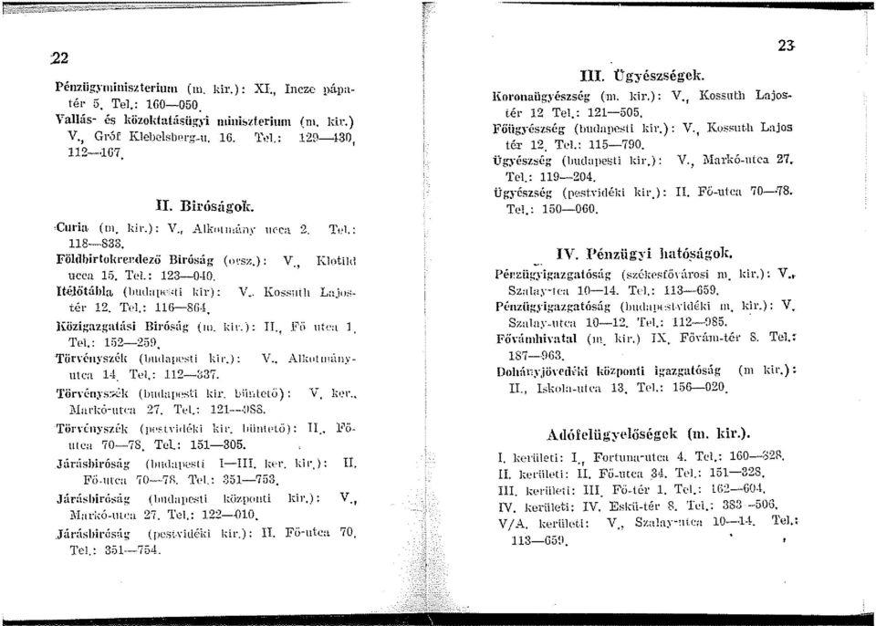 élötáhla (\Jud;qw: ti kir): V.. l~o~:-;11ih Lajn:-<tér 12. TPI,: 116-SG,1. }(özigazgatiisi Birúsúg (Ill. kir.): II., Fö utca 1 TP1.: 152-259. Tör\ ényszél;; (lnhlapp:-<!i kir.): \í., A.