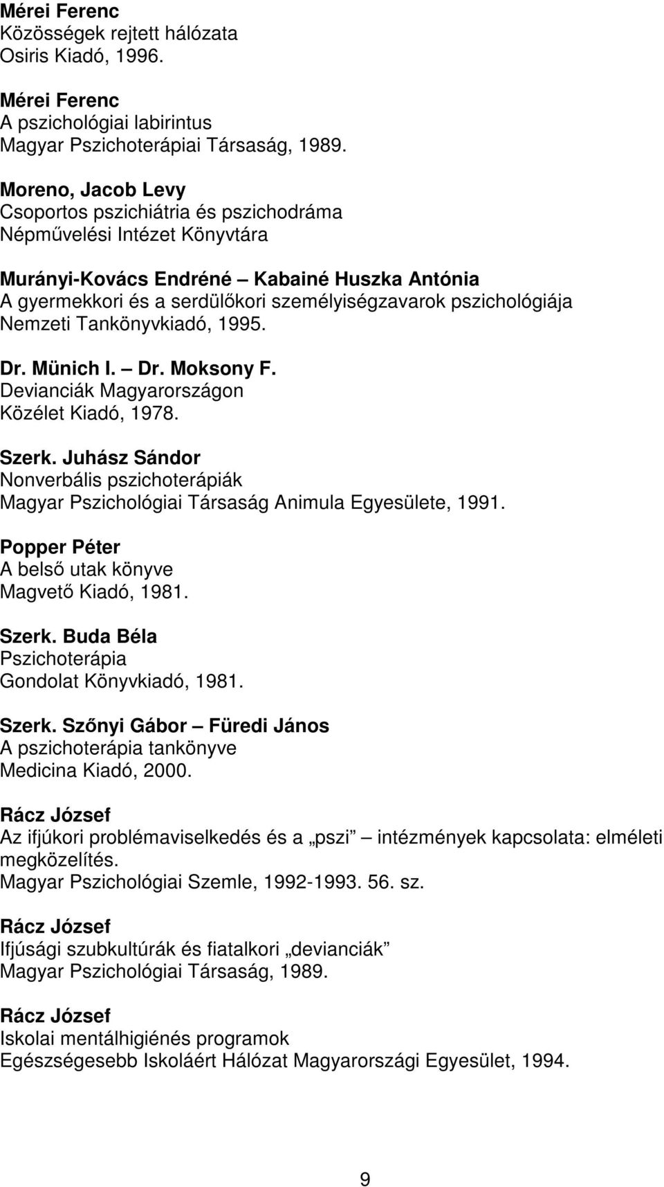 Nemzeti Tankönyvkiadó, 1995. Dr. Münich I. Dr. Moksony F. Devianciák Magyarországon Közélet Kiadó, 1978. Szerk.