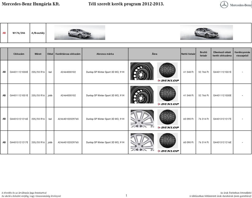 Q44011121030E - AB Q44013121216E 205/55 R16 bal A24640102029765 Dunlop SP Winter Sport 3D MO, 91H 60 090 Ft 76 314 Ft Q44013121217E - AB Q44013121217E