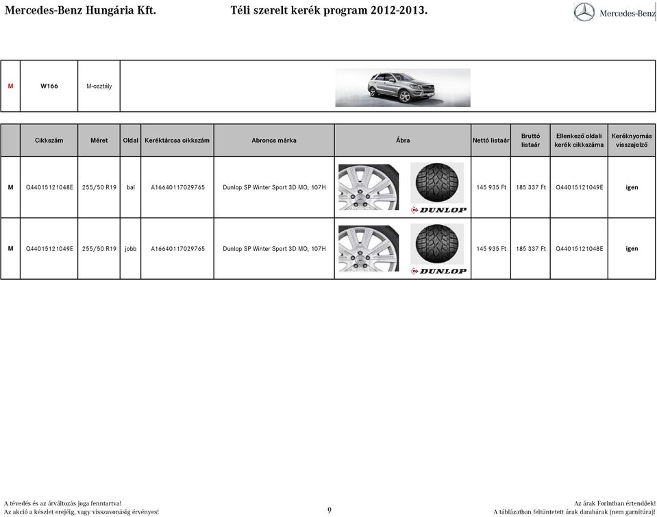337 Ft Q44015121049E igen M Q44015121049E 255/50 R19 jobb A16640117029765 Dunlop SP Winter Sport