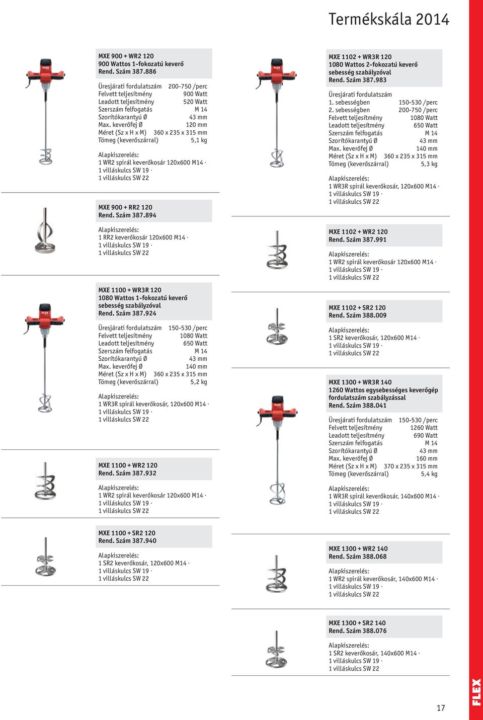 894 1 RR2 keverőkosár 120x600 M14 1 villáskulcs SW 19 1 villáskulcs SW 22 MXE 1100 + WR3R 120 1080 Wattos 1-fokozatú keverő sebesség szabályzóval Rend. 387.