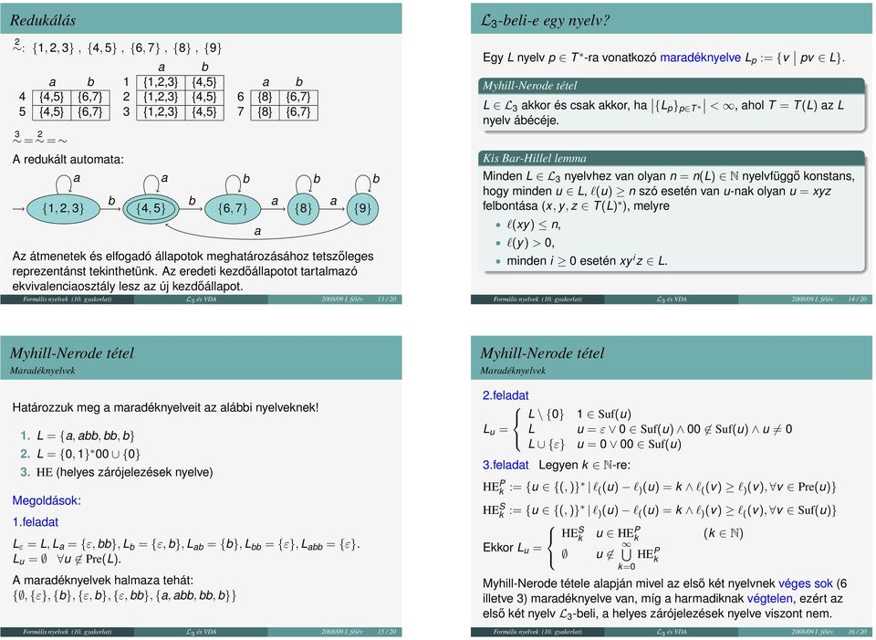 gykorlt) L 3 és VDA 2008/09 I. félév 13 / 20 L 3 -eli-e egy nyelv? Egy L nyelv p T -r vontkozó mrdéknyelve L p := {v pv L}. L L 3 kkor és csk kkor, h {L p } p T <, hol T = T (L) z L nyelv áécéje.