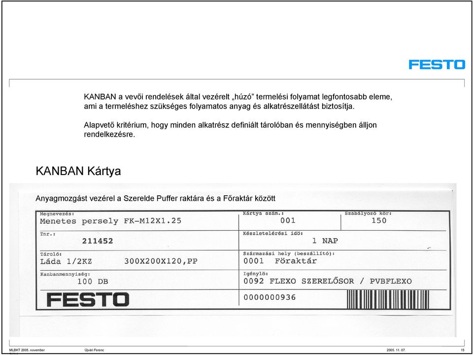 Alapvető kritérium, hogy minden alkatrész definiált tárolóban és mennyiségben álljon