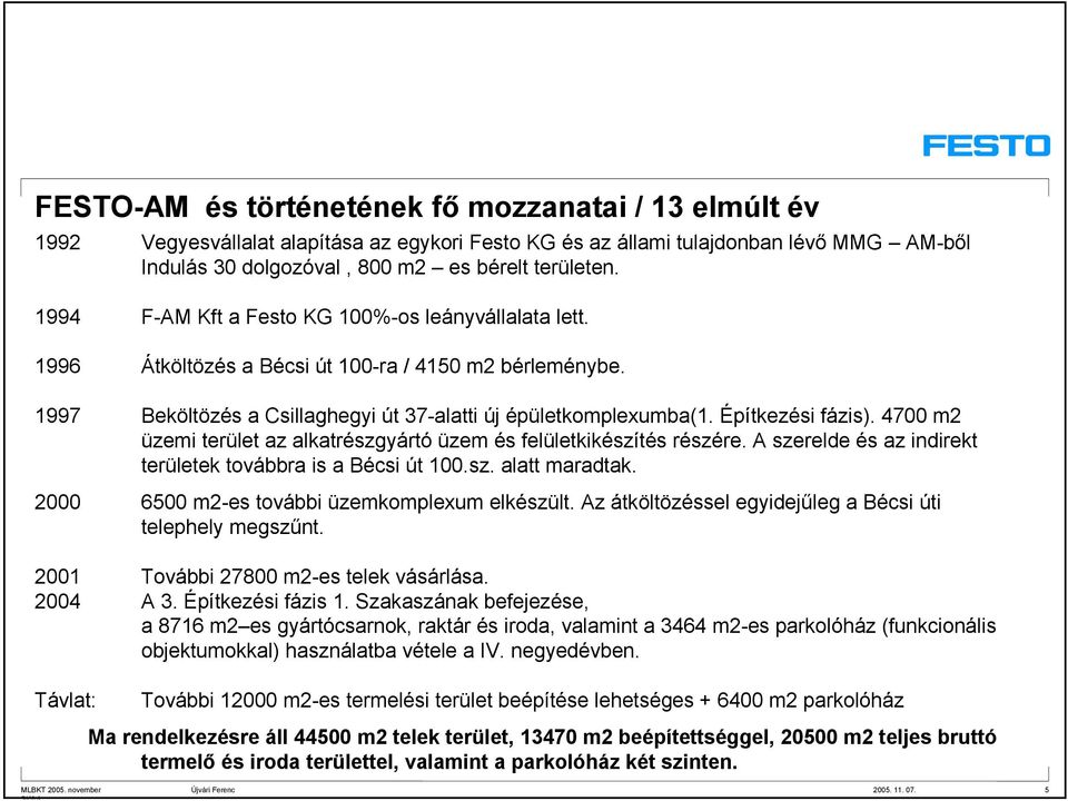 4700 m2 üzemi terület az alkatrészgyártó üzem és felületkikészítés részére. A szerelde és az indirekt területek továbbra is a Bécsi út 100.sz. alatt maradtak.