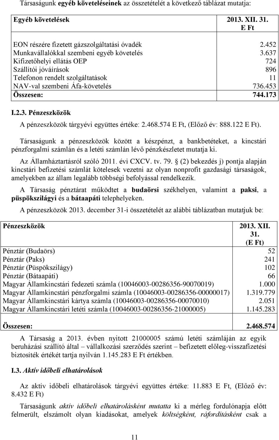 173 I.2.3. Pénzeszközök A pénzeszközök tárgyévi együttes értéke: 2.468.574, (Előző év: 888.122 ).