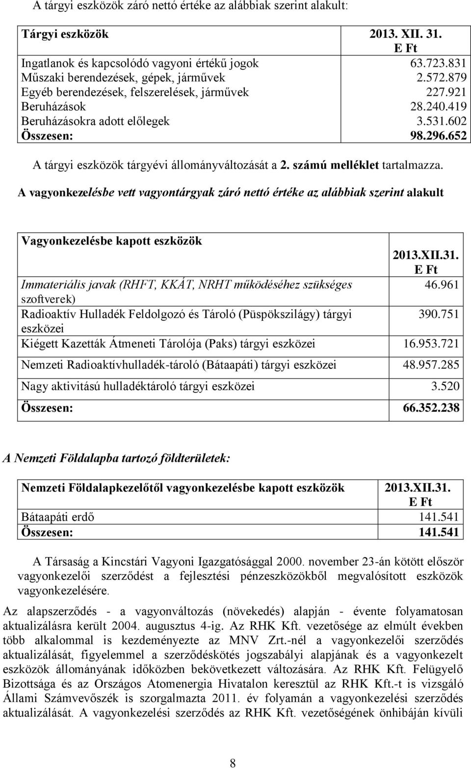 számú melléklet tartalmazza. A vagyonkezelésbe vett vagyontárgyak záró nettó értéke az alábbiak szerint alakult Vagyonkezelésbe kapott eszközök 2013.XII.31.