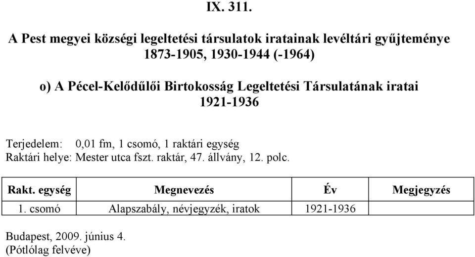 raktár, 47. állvány, 12. polc. Rakt. egység Megnevezés Év Megjegyzés 1.