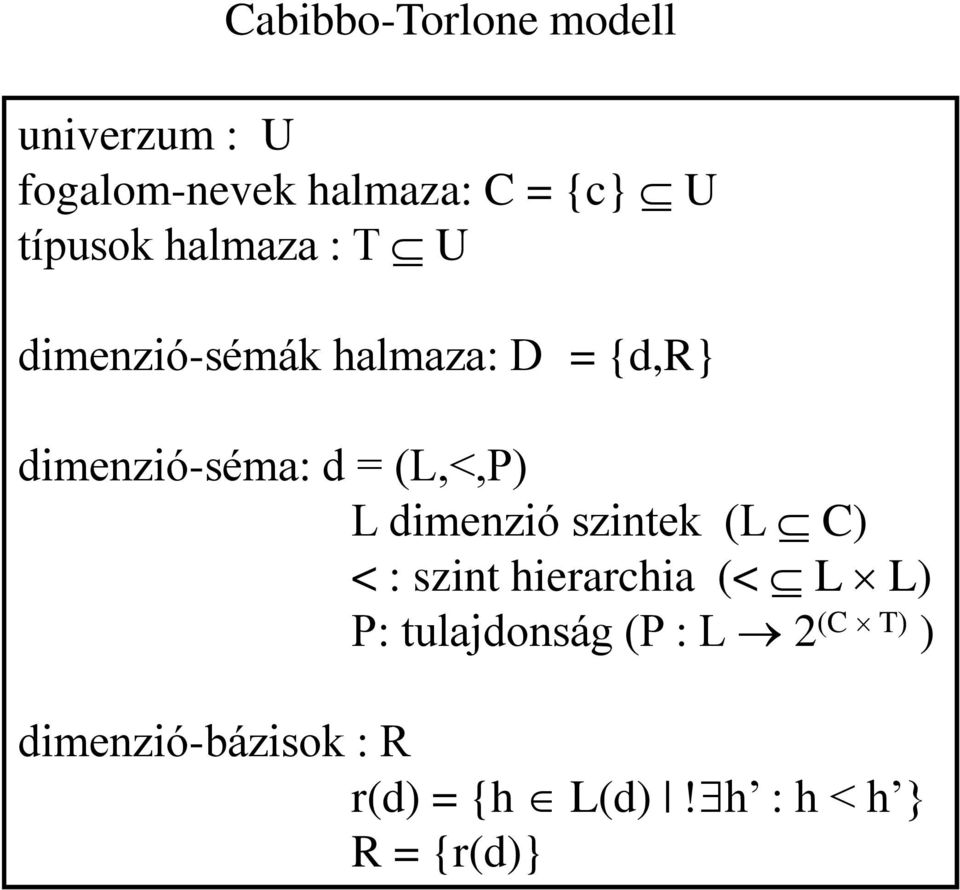 (L,<,P) L dimenzió szintek (L C) < : szint hierarchia (< L L) P: