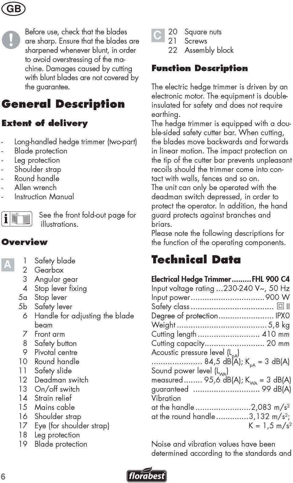 General Description Extent of delivery - Long-handled hedge trimmer (two-part) - Blade protection - Leg protection - Shoulder strap - Round handle - Allen wrench - Instruction Manual Overview A See