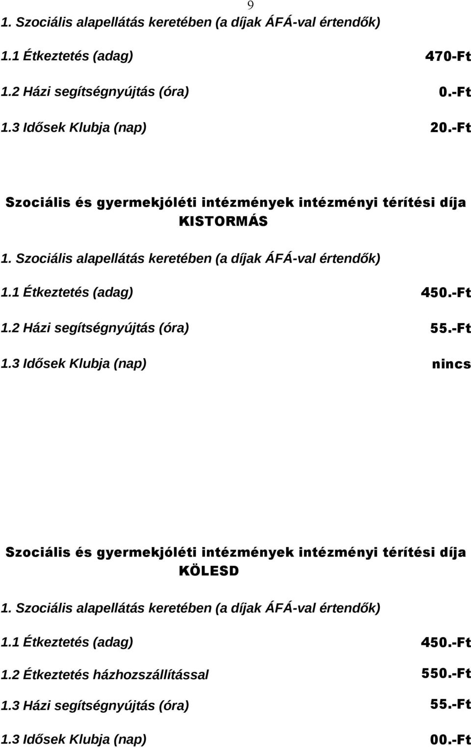 1 Étkeztetés (adag) 450.-Ft 1.2 Étkeztetés házhozszállítással 550.-Ft 1.3 Házi segítségnyújtás (óra) 55.