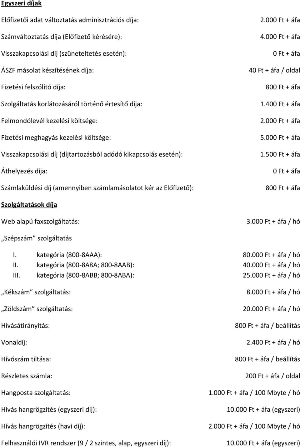 esetén): Áthelyezés díja: Számlaküldési díj (amennyiben számlamásolatot kér az Előfizető): 2.000 Ft + áfa 4.000 Ft + áfa 0 Ft + áfa 40 Ft + áfa / oldal 800 Ft + áfa 1.400 Ft + áfa 2.000 Ft + áfa 5.