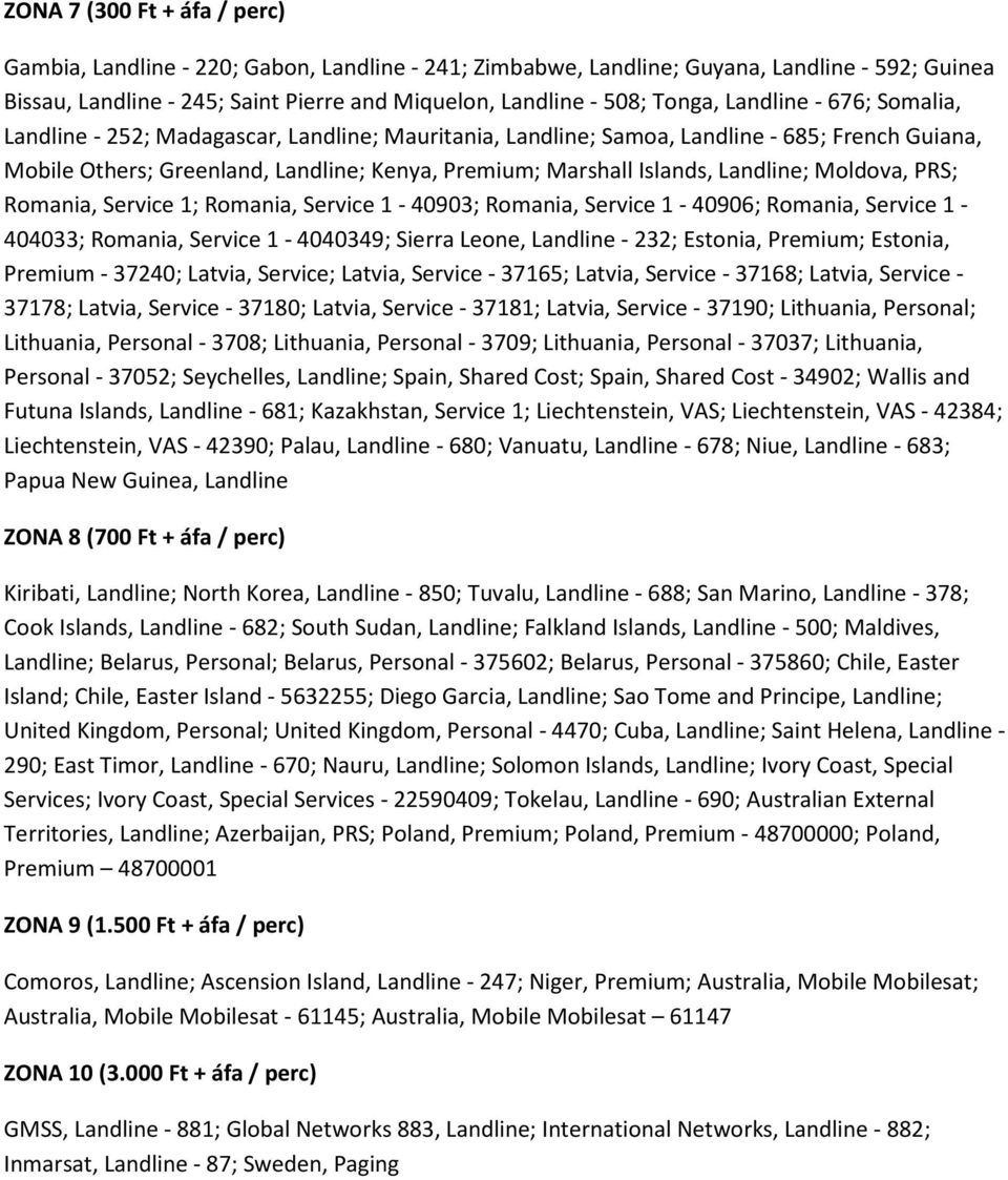 Landline; Moldova, PRS; Romania, Service 1; Romania, Service 1-40903; Romania, Service 1-40906; Romania, Service 1-404033; Romania, Service 1-4040349; Sierra Leone, Landline - 232; Estonia, Premium;