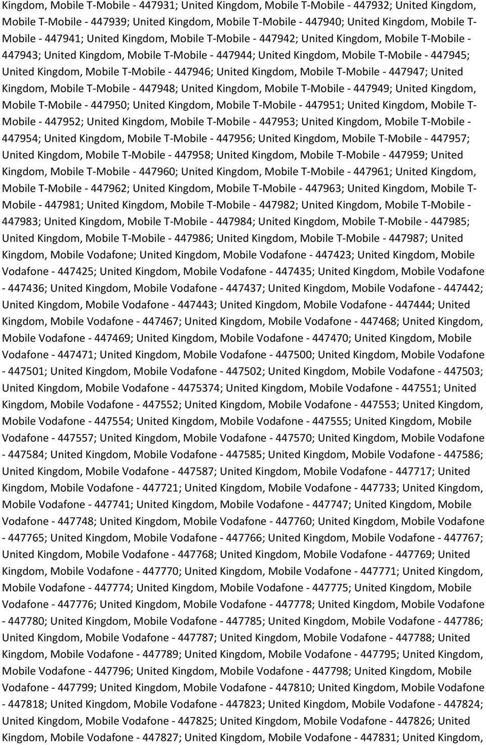 T-Mobile - 447946; United Kingdom, Mobile T-Mobile - 447947; United Kingdom, Mobile T-Mobile - 447948; United Kingdom, Mobile T-Mobile - 447949; United Kingdom, Mobile T-Mobile - 447950; United