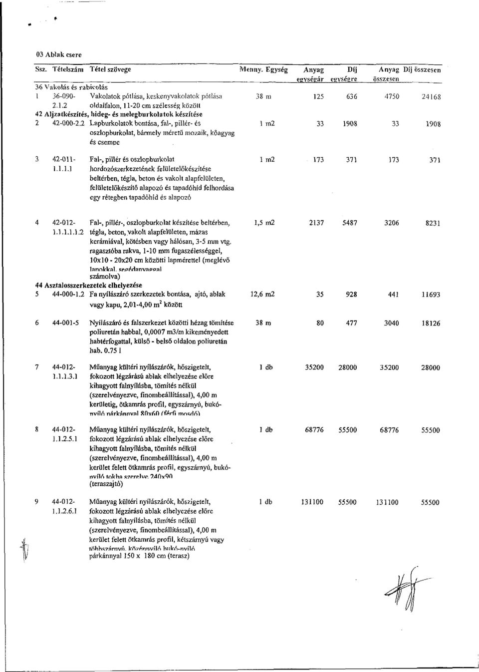 2 Lapburkolatok bontása, fal-, pillér- és 1 m2 33 1908 oszlopburkolat, bármely méretű mozaik, kőagyag és csemde Anyag Díj Összesen összesen 4750 241i 33 1908 3 42-031- Fal-, pillér és oszlopburkolat