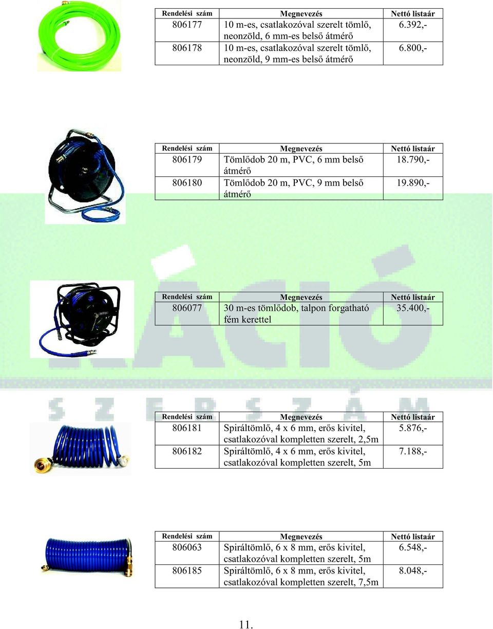 400,- 806181 Spiráltömlő, 4 x 6 mm, erős kivitel, csatlakozóval kompletten szerelt, 2,5m 806182 Spiráltömlő, 4 x 6 mm, erős kivitel, csatlakozóval kompletten szerelt, 5m 5.