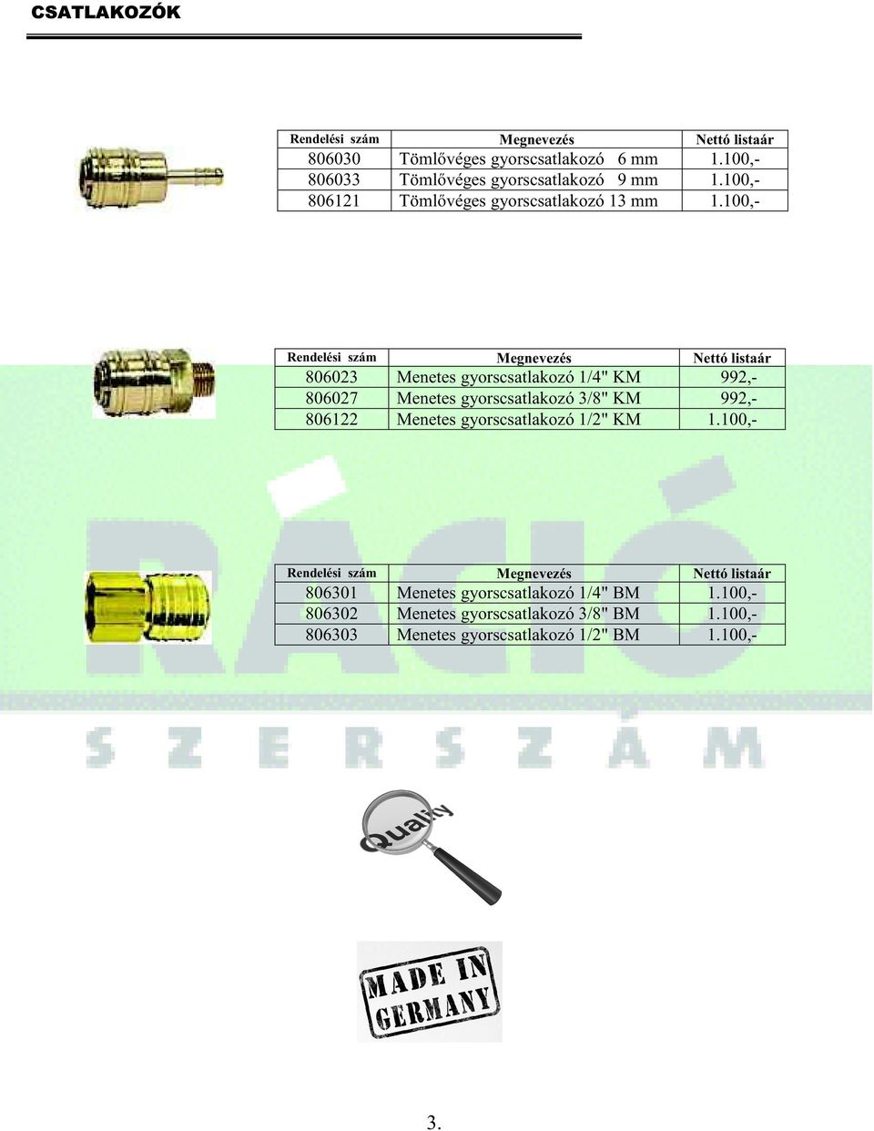 100,- 806023 Menetes gyorscsatlakozó 1/4" KM 992,- 806027 Menetes gyorscsatlakozó 3/8" KM 992,- 806122