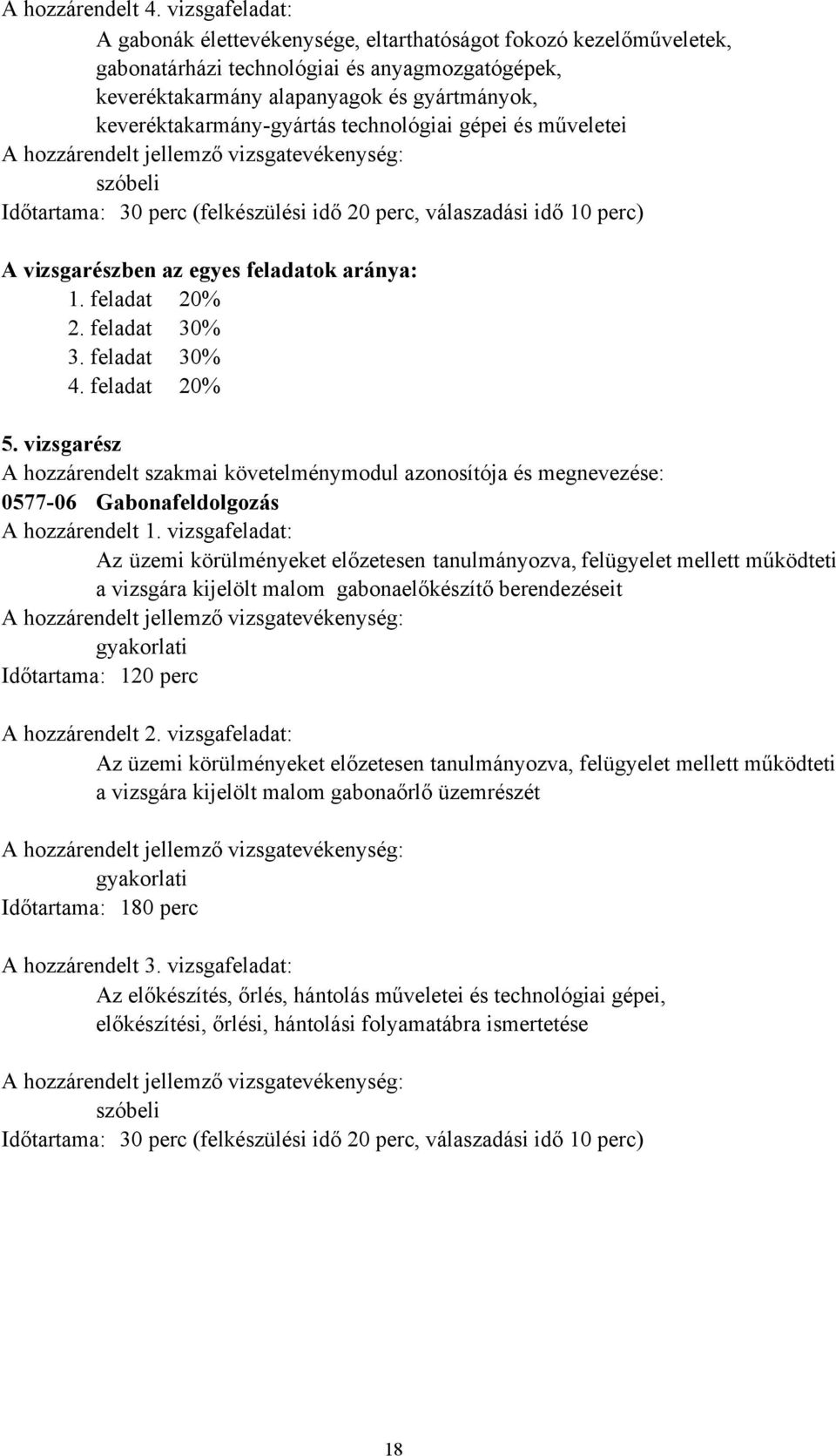 keveréktakarmány-gyártás technológiai gépei és műveletei A hozzárendelt jellemző vizsgatevékenység: szóbeli Időtartama: 30 perc (felkészülési idő 20 perc, válaszadási idő 10 perc) A vizsgarészben az