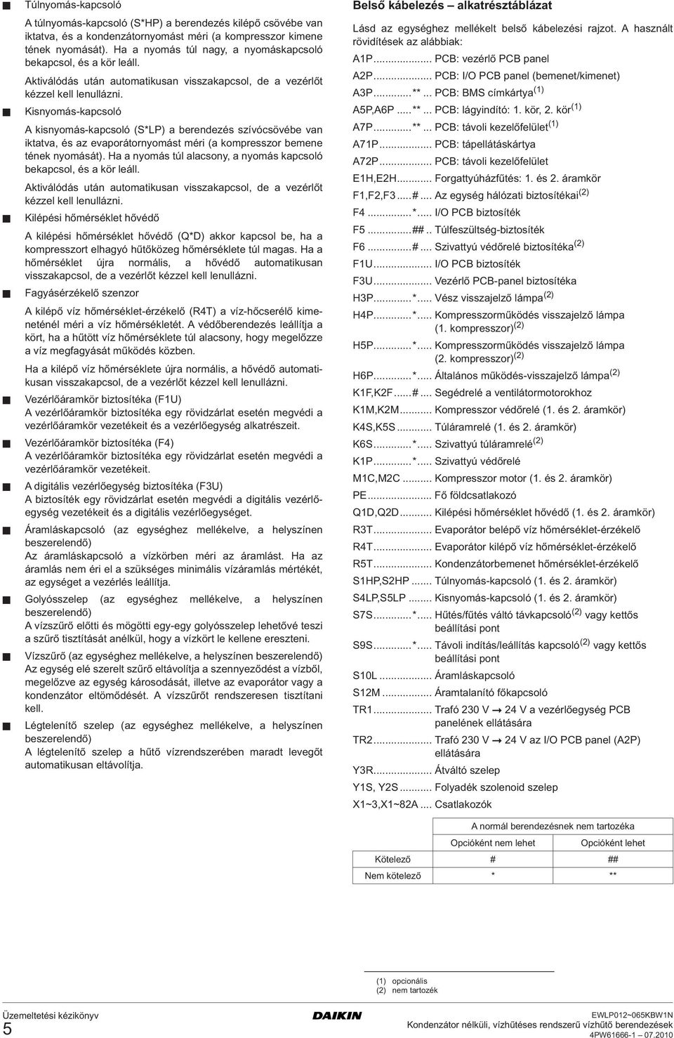 Kisnyomás-kapcsoló A kisnyomás-kapcsoló (S*LP) a berendezés szívócsövébe van iktatva, és az evaporátornyomást méri (a kompresszor bemene tének nyomását).