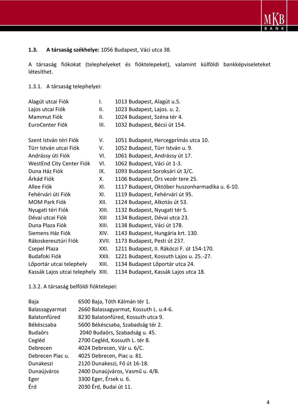 1051 Budapest, Hercegprímás utca 10. Türr István utcai Fiók V. 1052 Budapest, Türr István u. 9. Andrássy úti Fiók VI. 1061 Budapest, Andrássy út 17. WestEnd City Center Fiók VI.