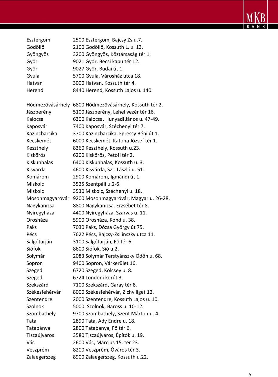 Jászberény 5100 Jászberény, Lehel vezér tér 16. Kalocsa 6300 Kalocsa, Hunyadi János u. 47-49. Kaposvár 7400 Kaposvár, Széchenyi tér 7. Kazincbarcika 3700 Kazincbarcika, Egressy Béni út 1.