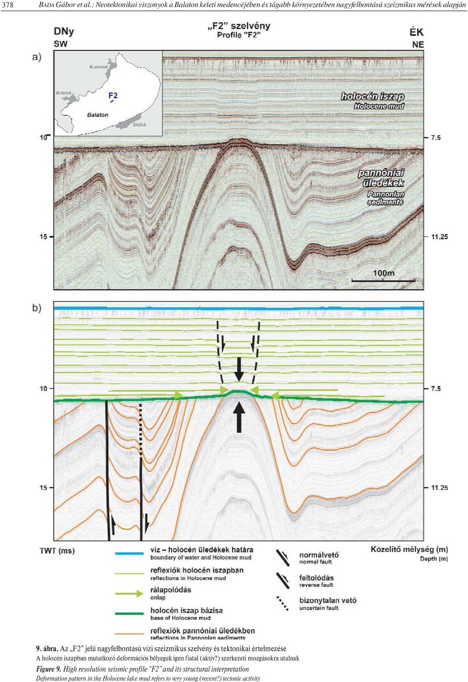 ábra. Az F2 jelű nagyfelbontású vízi szeizmikus szelvény és tektonikai értelmezése A holocén iszapban mutatkozó deformációs