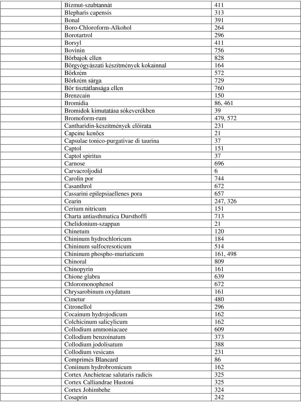 Capsulae tonico-purgativae di taurina 37 Captol 151 Captol spiritus 37 Carnose 696 Carvacroljodid 6 Carolin por 744 Casanthrol 672 Cassarini epilepsiaellenes pora 657 Cearin 247, 326 Cerium nitricum